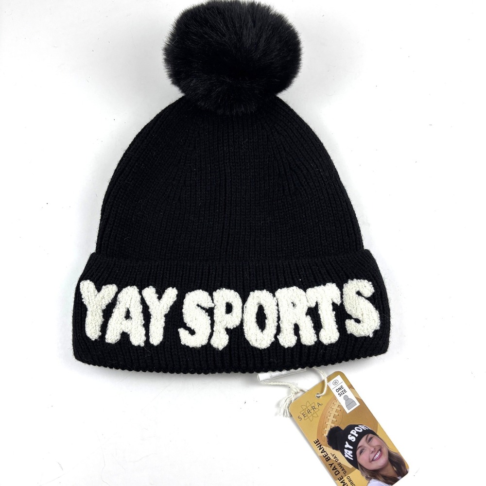 New Serra Game Day Beanie Women OS Black Yay Sports Pom Pom‎ Knit Hat Football